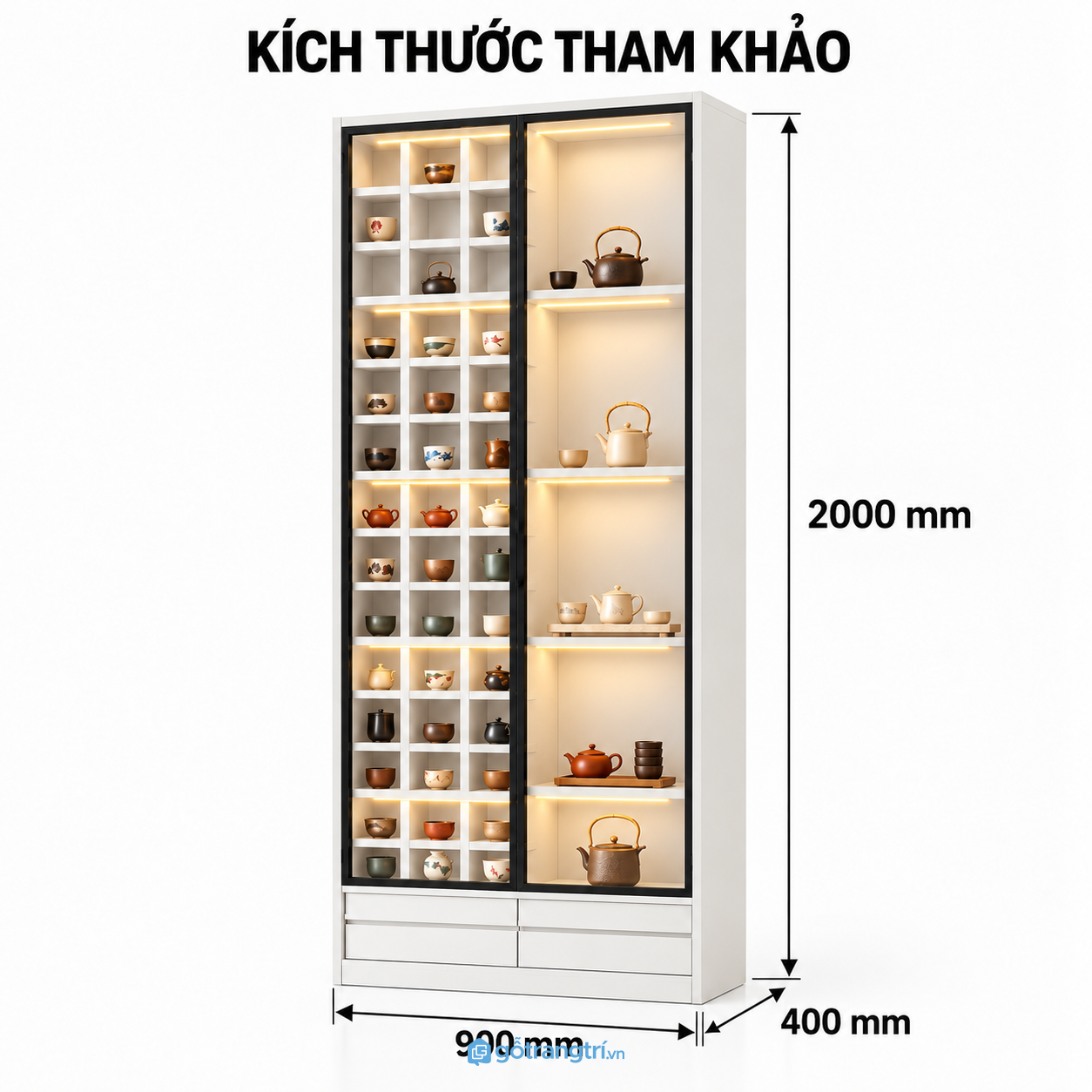 Tủ trưng bày ấm chén vân gỗ cánh kính khung đen có đèn LED sang trọng