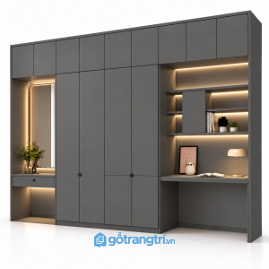 ủ quần áo kết hợp bàn học và bàn trang điểm GHS-5111 - 3000x600x2400mm - Màu ghi