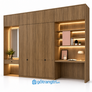ủ quần áo kết hợp bàn học và bàn trang điểm GHS-5111 - 3000x600x2400mm - Màu gỗ óc chó