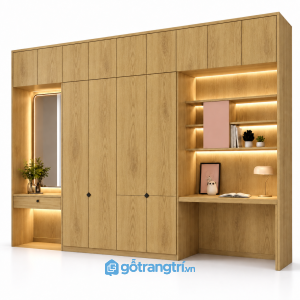 ủ quần áo kết hợp bàn học và bàn trang điểm GHS-5111 - 3000x600x2400mm - Màu gỗ sồi