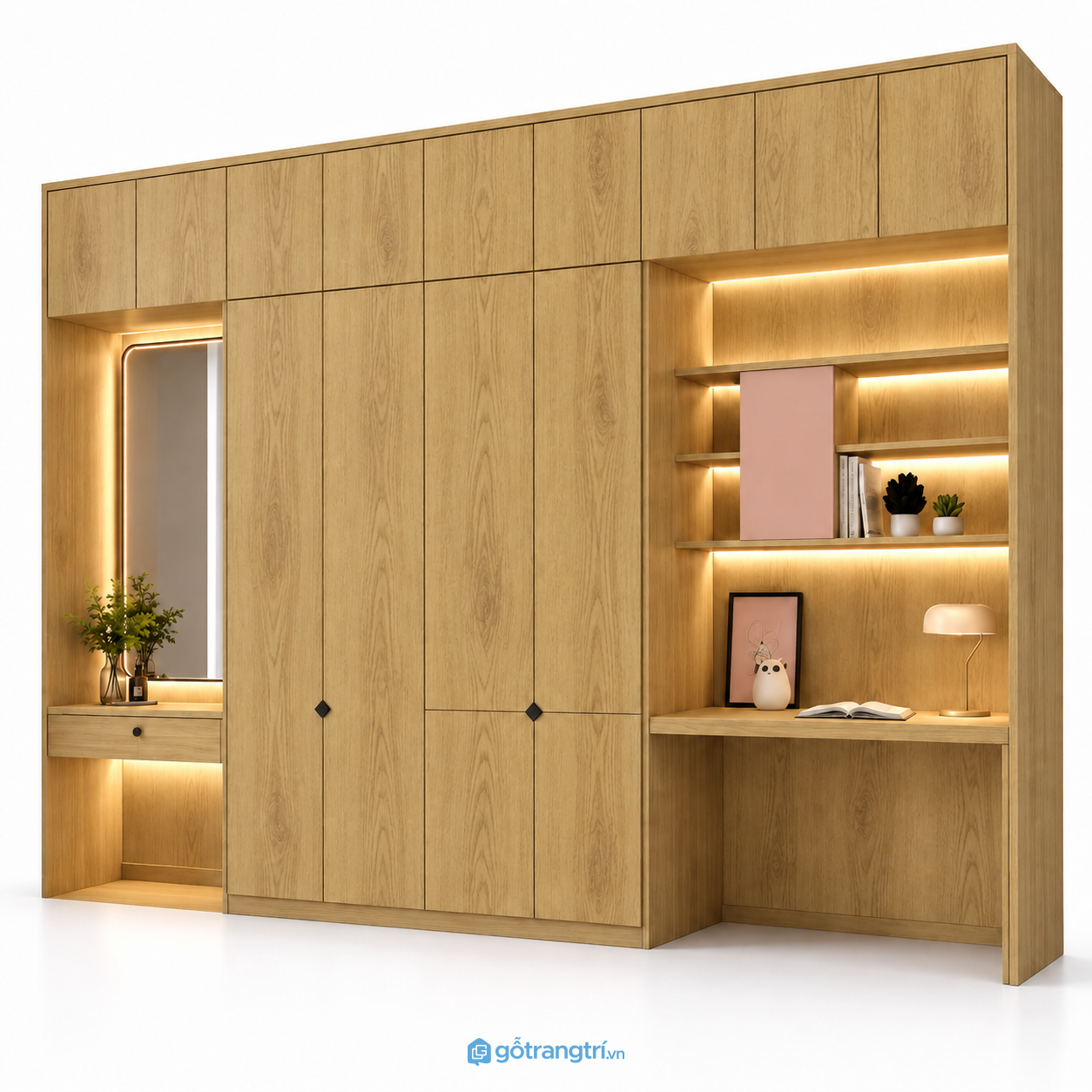 ủ quần áo kết hợp bàn học và bàn trang điểm GHS-5111 - 3000x600x2400mm - Màu gỗ sồi ủ quần áo kết hợp bàn học và bàn trang điểm GHS-5111 - 3000x600x2400mm - Màu gỗ sồi