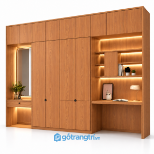ủ quần áo kết hợp bàn học và bàn trang điểm GHS-5111 - 3000x600x2400mm - Màu gỗ xoan đào