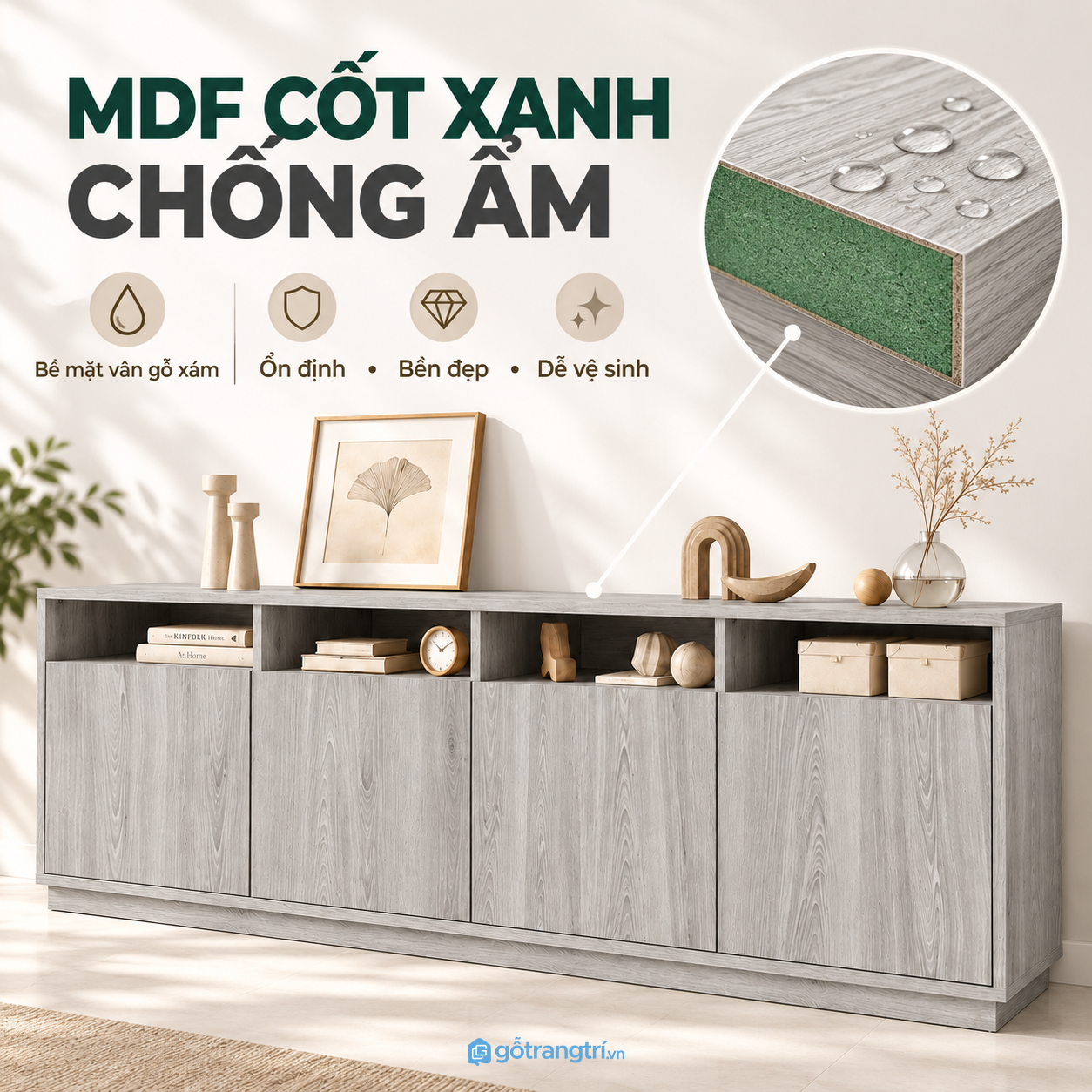 Vân gỗ màu xám nhẹ, dễ phối nội thất