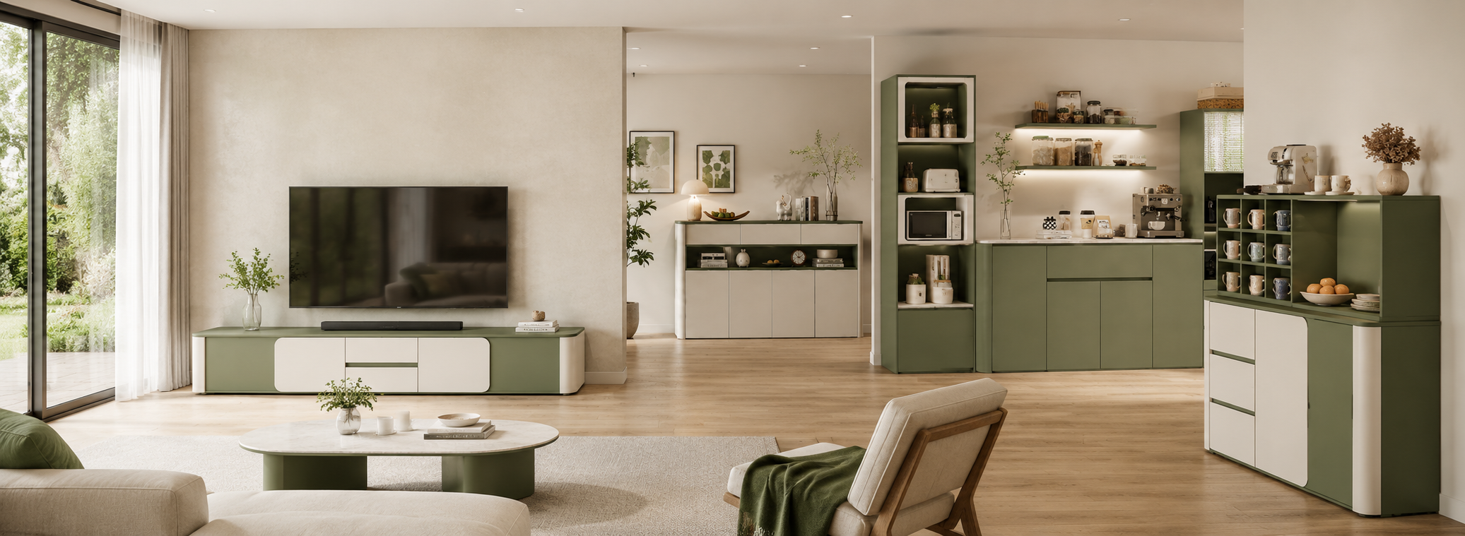 Không gian phòng khách Mộc Olive màu xanh olive