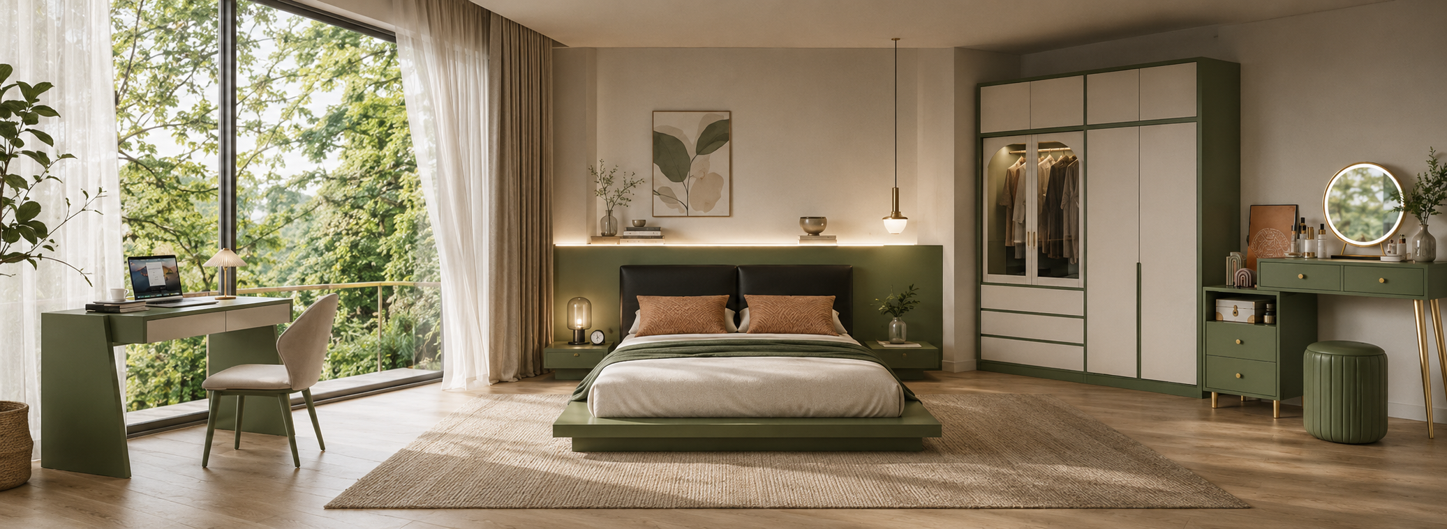 Không gian phòng ngủ xanh olive bình yên